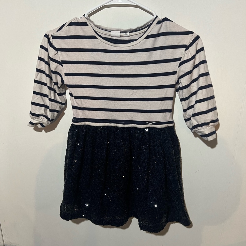 GAP Kids Navy and White Striped Dress with Sequin Skirt - Size small